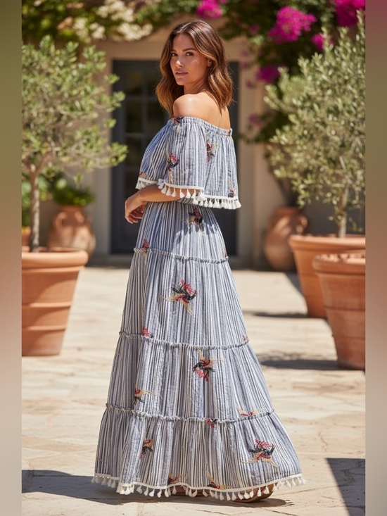 L'ATISTE Dresses & Skirts - L’ATISTE by AMY Blue & White Off Shoulder tier Maxi Dress with fringe Tassles